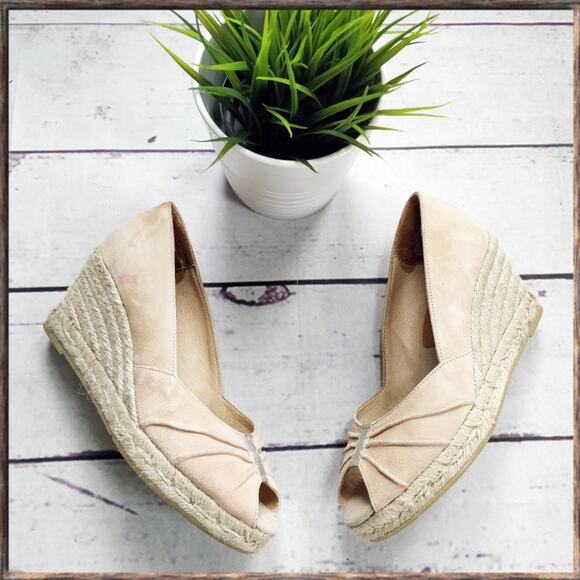 KANNA Spain Nude Peep Toe Suede Wedge Heel Espadrilles Eur 37 US 7 - Picture 1 of 8